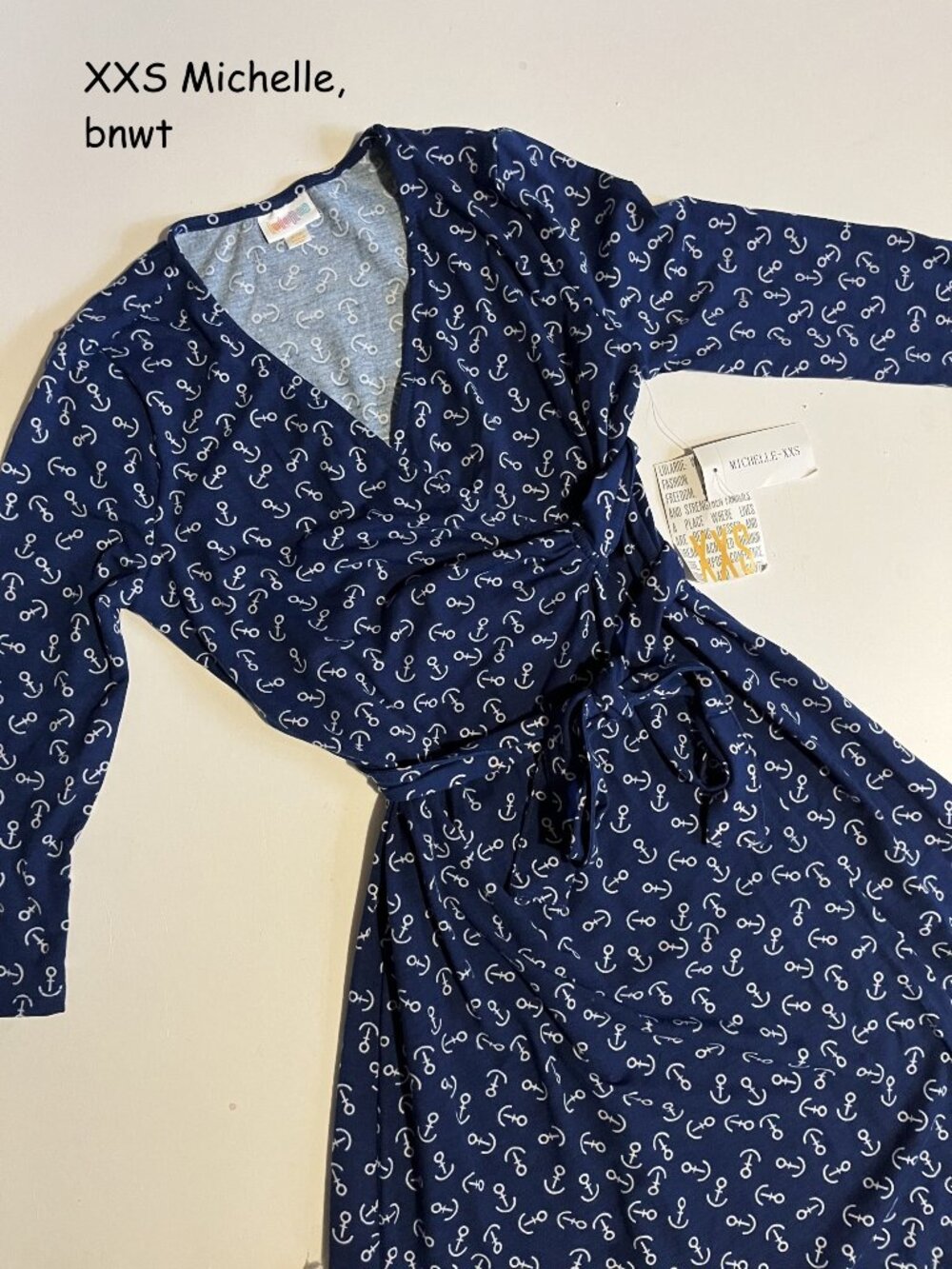 XXS Lularoe Michelle wrap dress, navy blue with white anchors